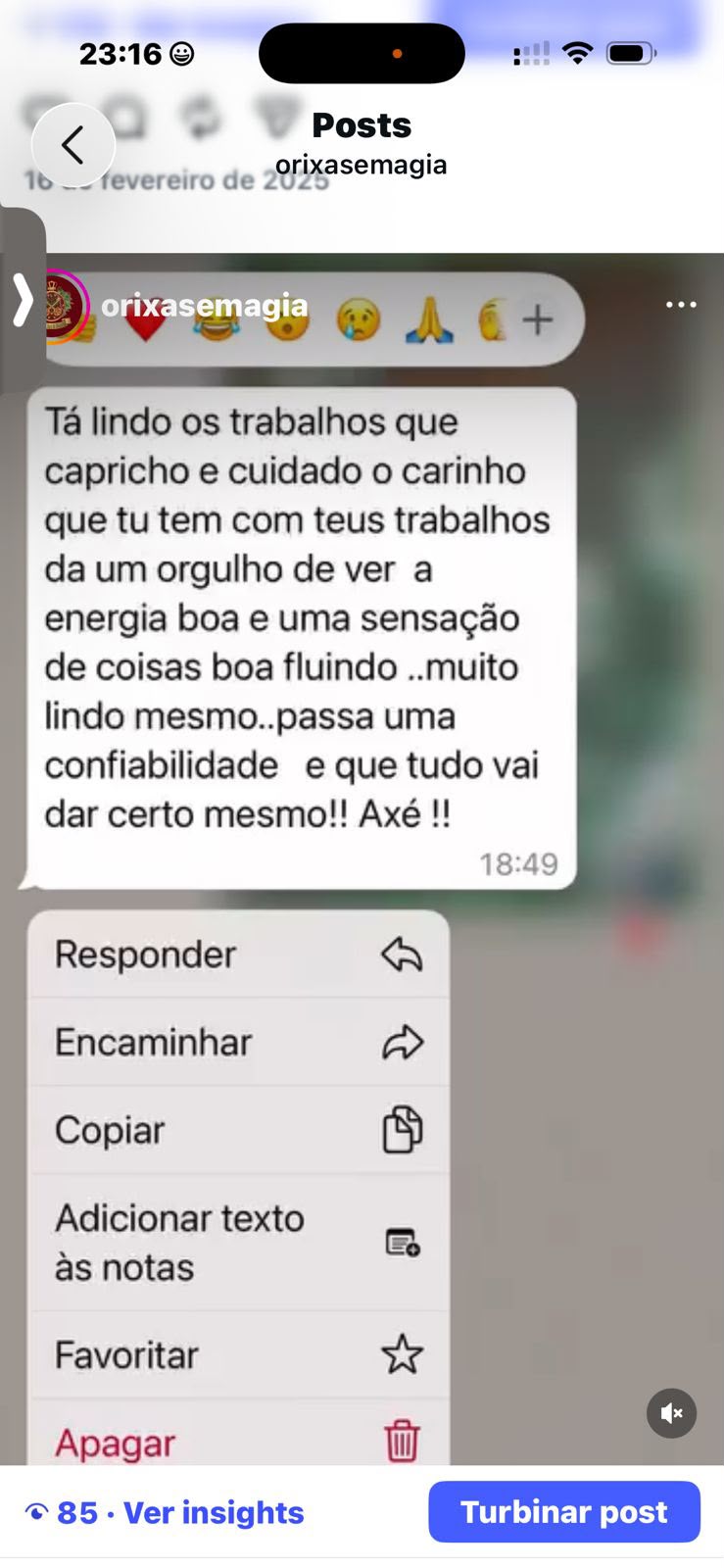 Print de mensagem de agradecimento de uma consulente